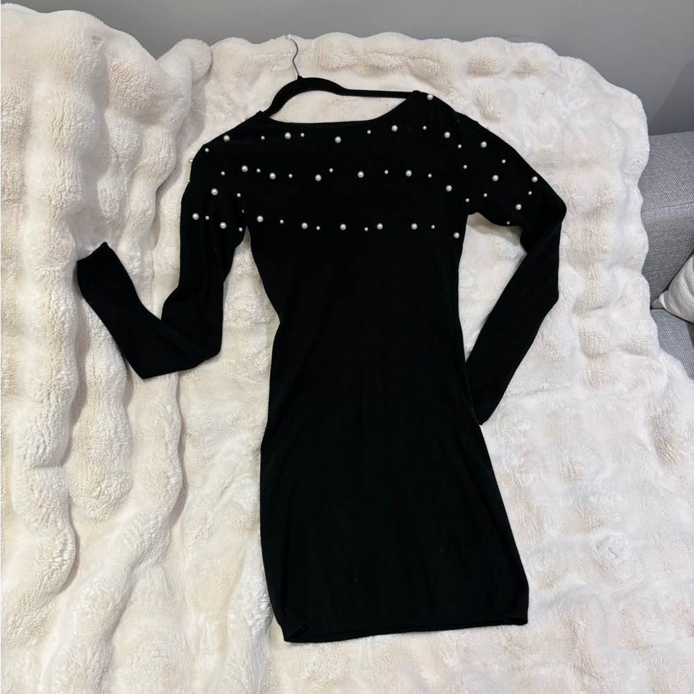 Chic Black Long Sleeve Dress with Pearl Details-  good condition